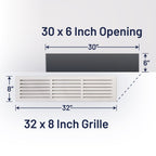 MDF Cold Air Return Vent Cover 30x6" with Install Kit | Paintable Wall Grill 32x8" Floor Level | Svalzke